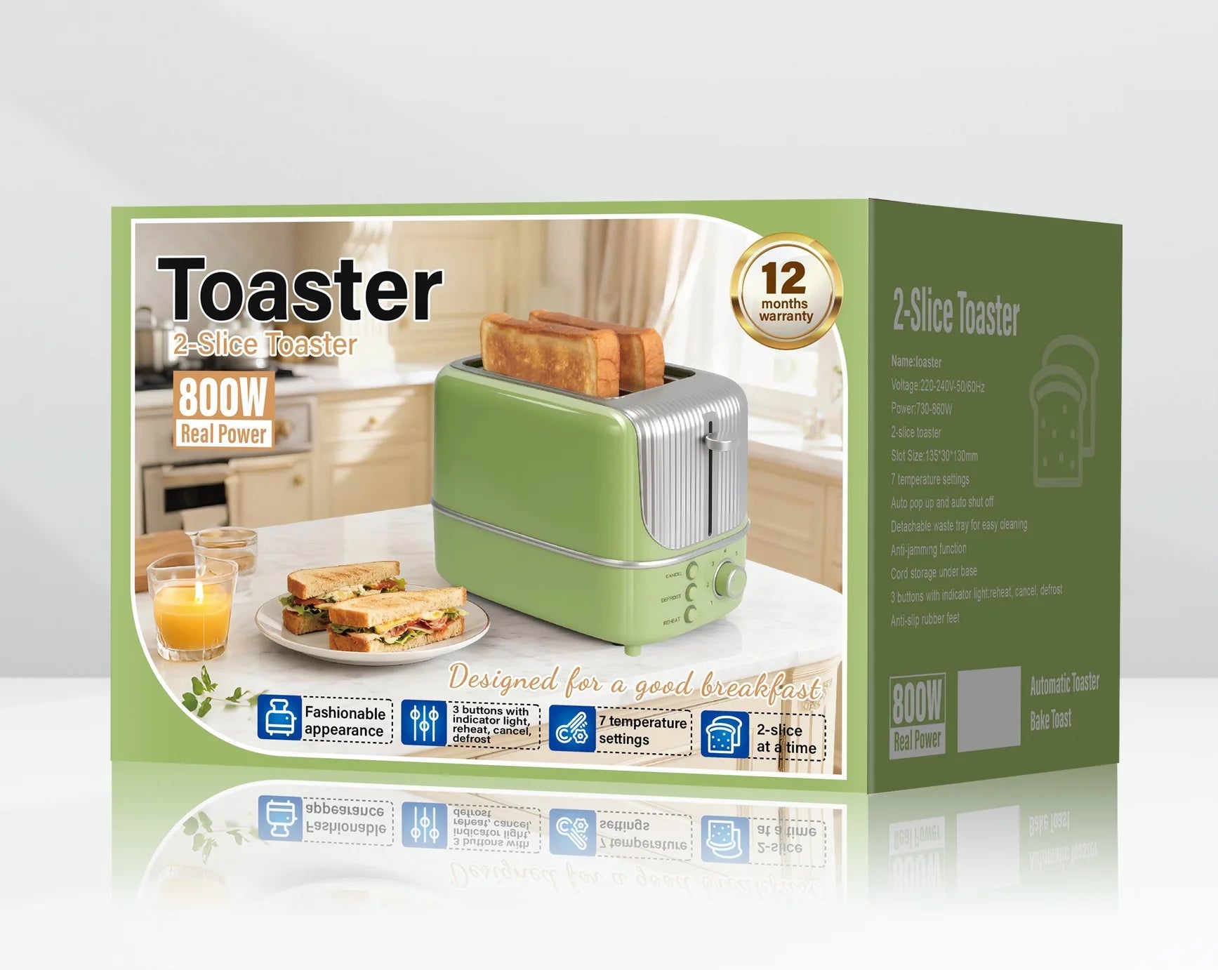 2 Slice Wide Slot Toaster with 7 Preset Temperature and Defrost Small Household Bread Maker Sandwich Maker Toaster US/EU plug