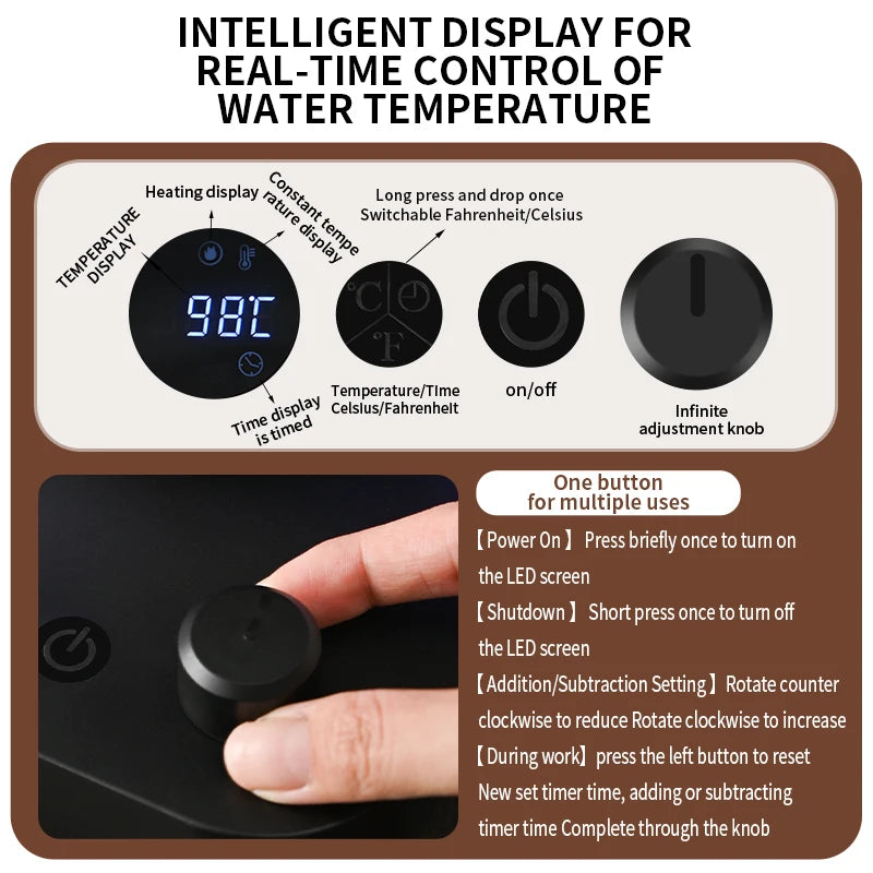 1L Smart Temperature Control Electric Gooseneck Kettle 220V/110V Stainless Steel Hand Brew Coffee Rapid Heating Kettle